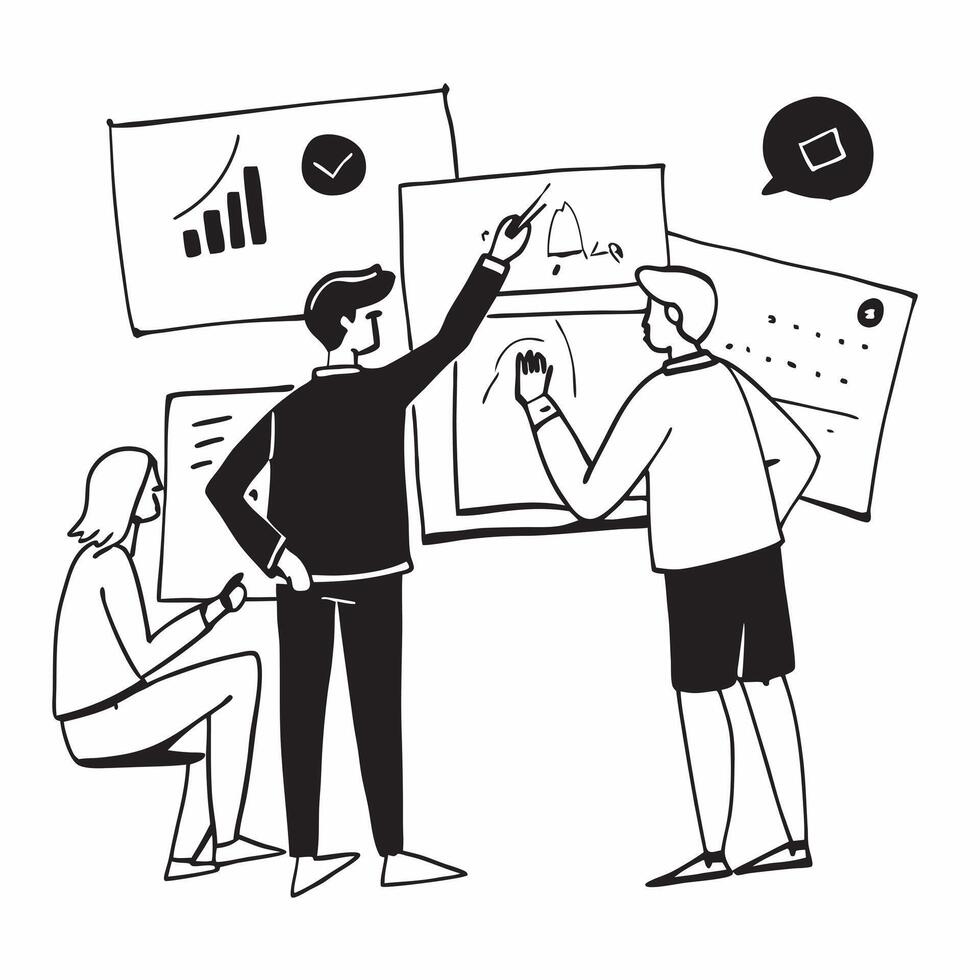 Business leaders collaborating on strategy development concept as A illustration of business leaders collaborating on strategy development using digital whiteboards and char Cleans Set 2 vector