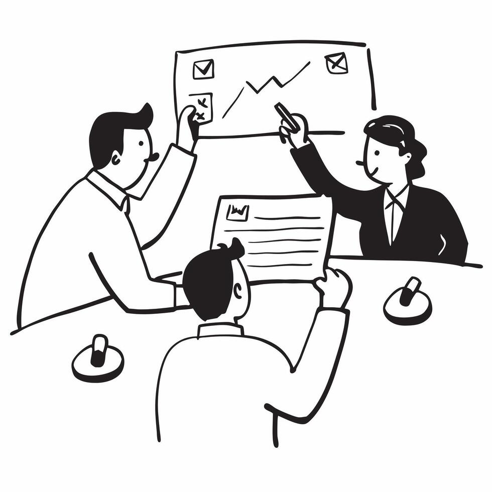 Business leaders discussing corporate goals in a boardroom concept as A illustration of business leaders discussing corporate goals in a boardroom featuring a 3 color scheme Cleans Set 2 vector