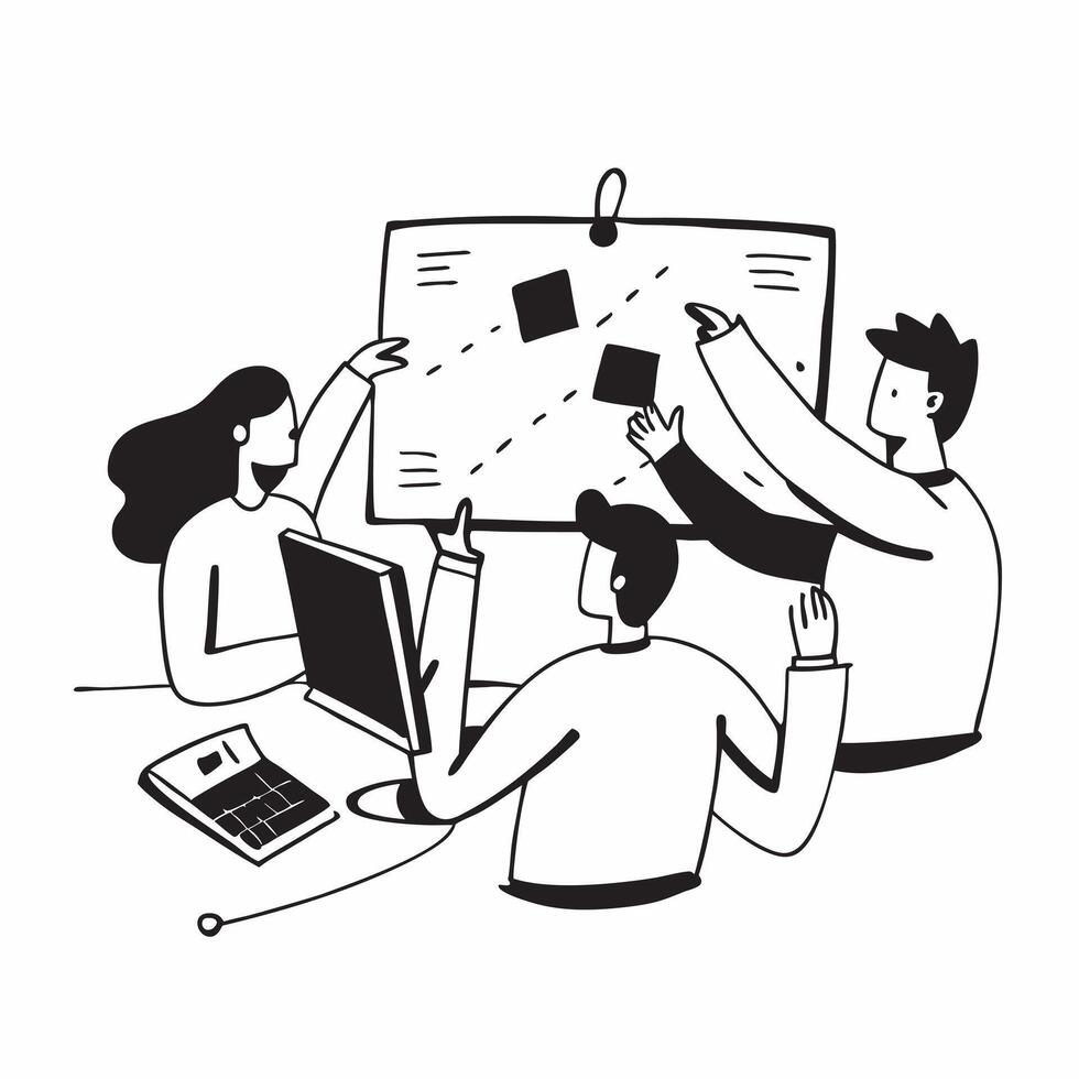 Business development team collaborating on growth strategies concept as A illustration of a business development team collaborating on growth strategies using laptops and di Cleans vector