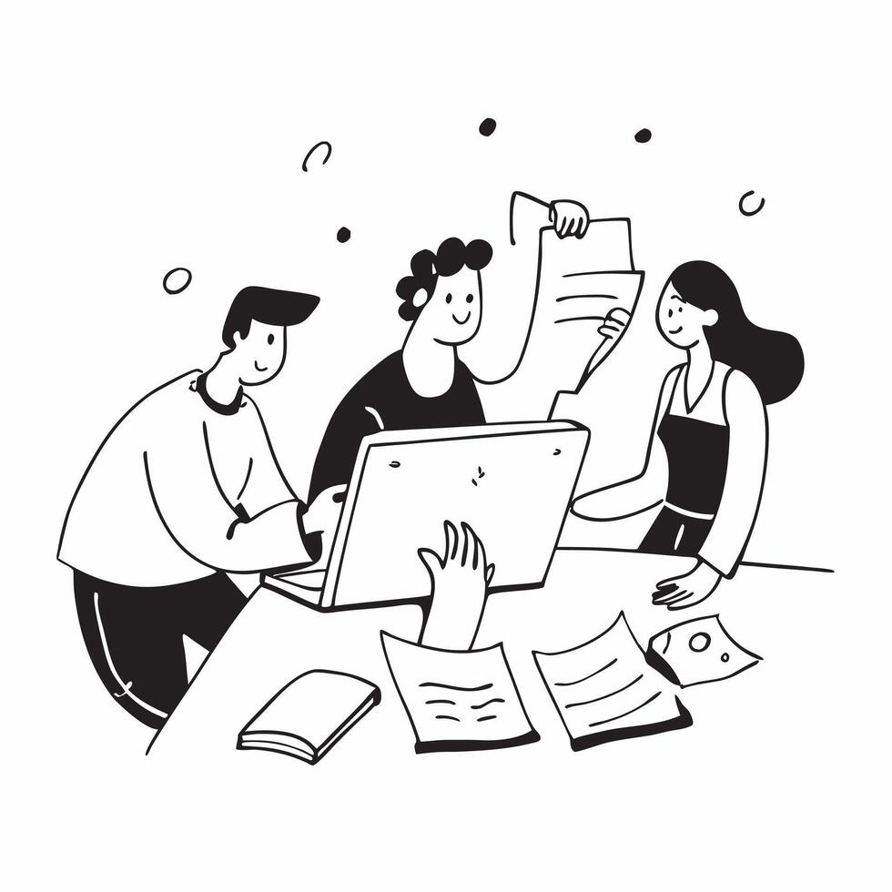 Business Development Team with Blueprints and Laptops concept as A business development team reviewing blueprints and using laptops set against a whimsical background offering ampl Cleans vector