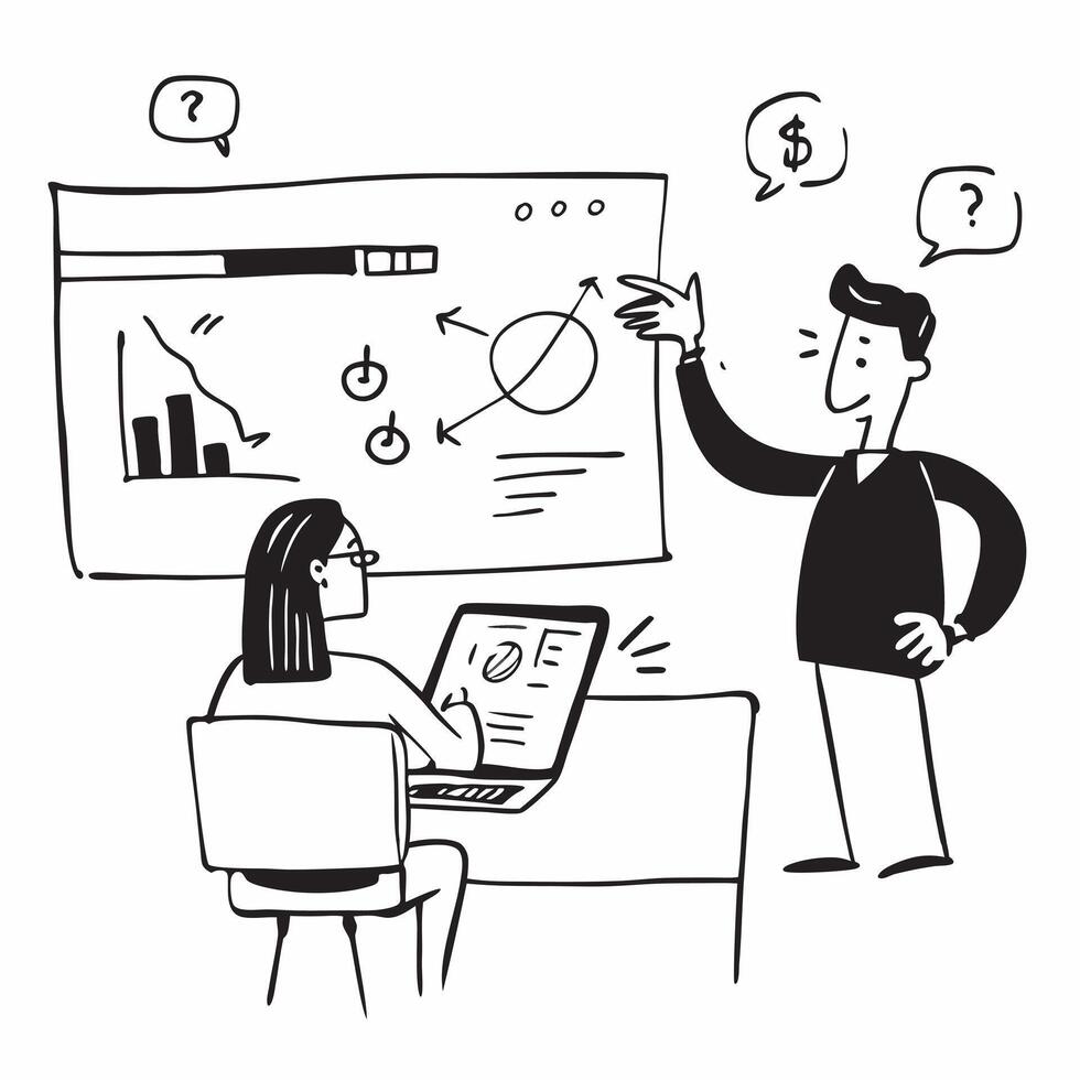 Business consultant advising clients on stock valuation concept as A business consultant in a modern office advising clients on stock valuation using a laptop and charts showcasing Cleans vector
