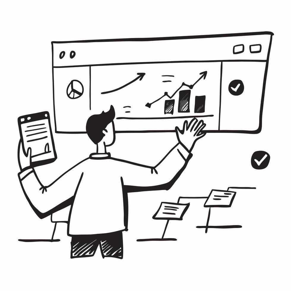 Business analyst evaluating stock performance on multiple screens concept as A business analyst in a modern office evaluating stock performance on multiple screens highlighting dat Cleans vector