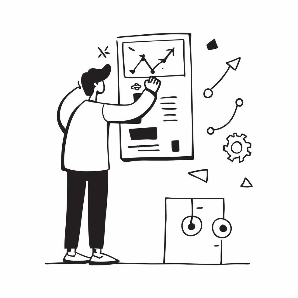 Business analyst using machine learning for stock valuation predictions concept as A business analyst in a high tech office using machine learning on a computer for stock valuation Cleans vector