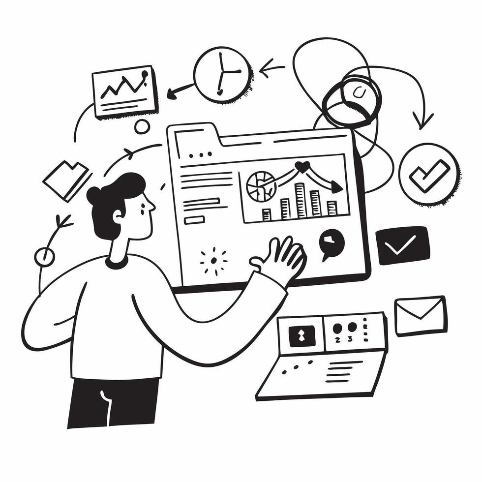 Business analyst using social media intelligence tools concept as A business analyst in a modern office using social media intelligence tools on a computer highlighting data analys Cleans vector