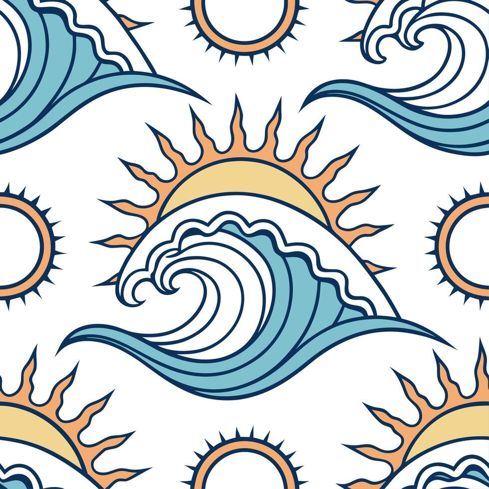 Bright summer waves seamless pattern with energetic sunbursts and colorful ocean waves for high energy designs concept as High energy summer wave pattern with sunbursts and colorfu Cleans vector
