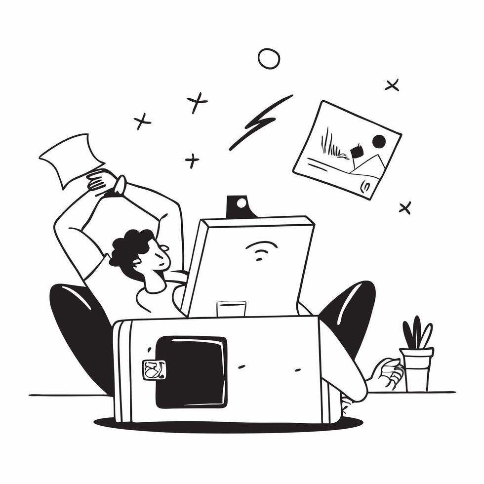 Business analyst relaxing with a book in a cozy home office concept as A business analyst relaxing with a book in a cozy home office emphasizing a balance between work and relaxati Cleans vector