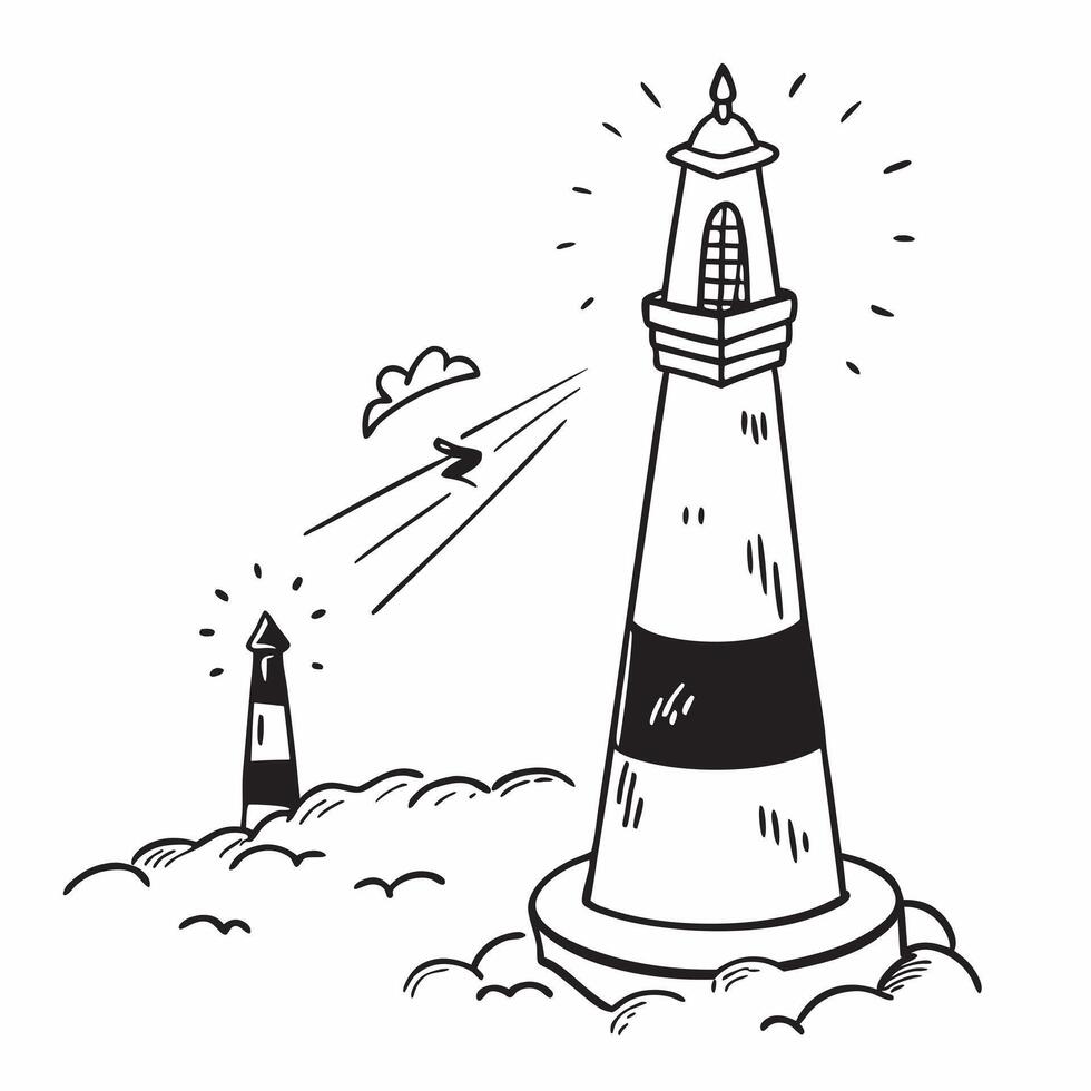 Bright Lighthouse Among Dark Lighthouses concept as A single bright lighthouse stands out among numerous dark lighthouses in a whimsical background offering ample space for text or Cleans vector