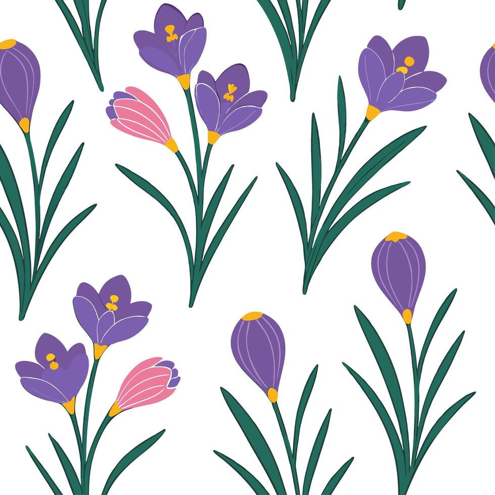 Bright and fresh spring flowers seamless pattern with hyacinths and crocuses for vibrant spaces concept as Fresh hyacinths and crocuses in a seamless floral pattern for spring spac Cleans vector