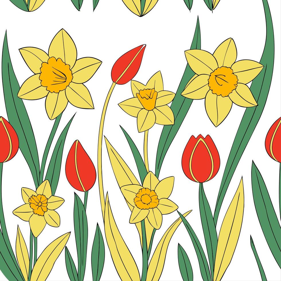 Bright and colorful spring garden seamless pattern with daffodils and tulips for lively garden spaces concept as A lively garden full of daffodils and tulips arranged in a seamless Cleans vector