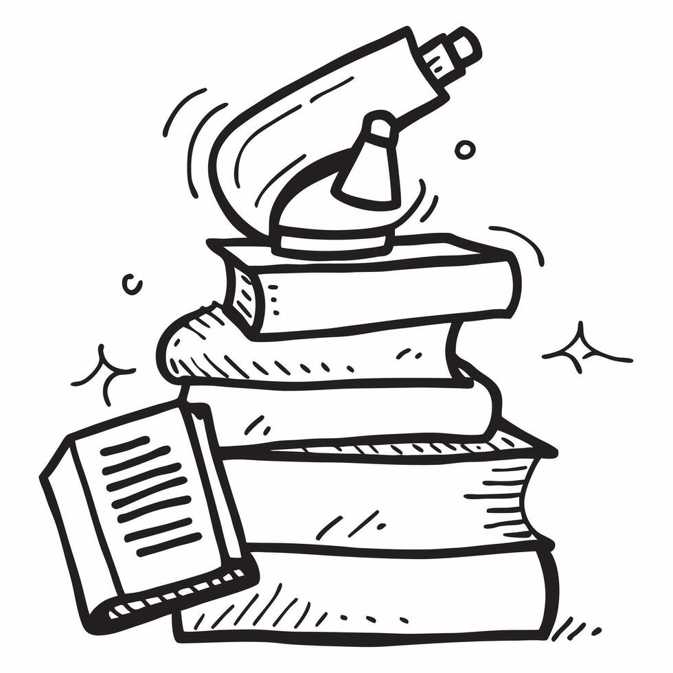 Books and Microscope concept as An icon of a stack of books and a microscope set against a Cleans background offering ample space for text or graphics symbolizing the importance of Cleans vector