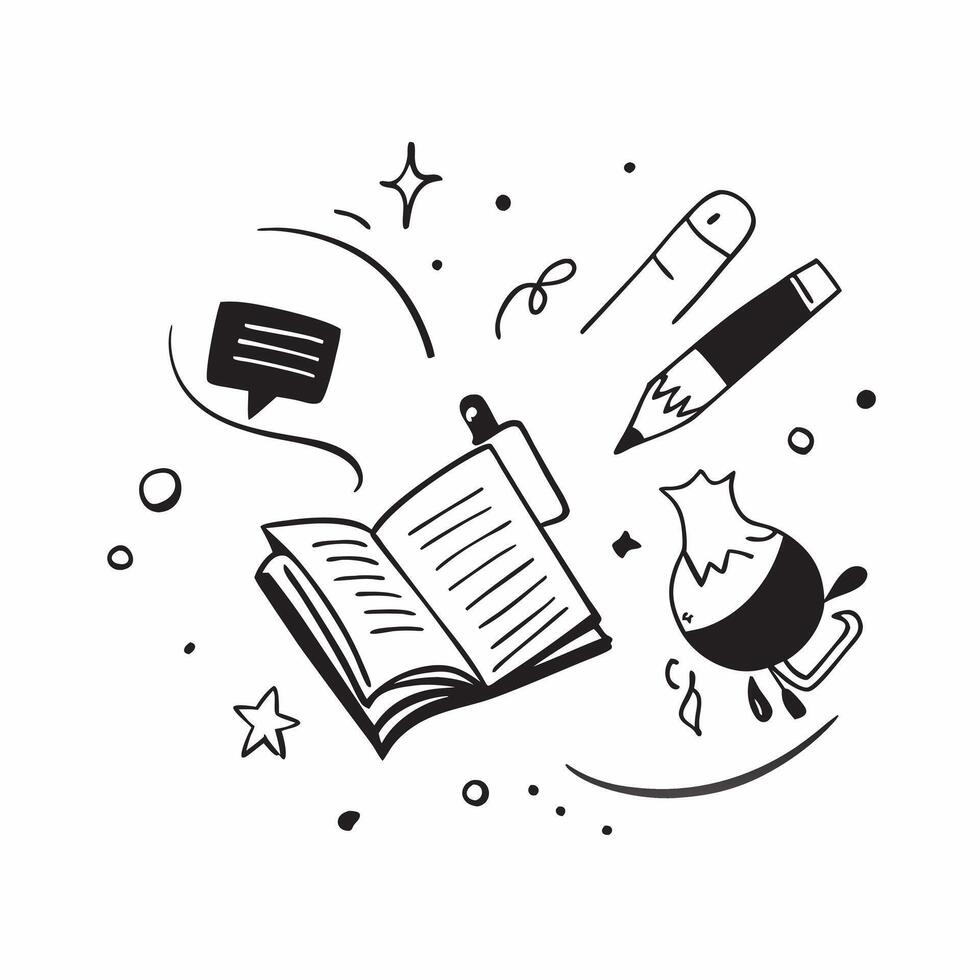 Book and Writing Tools concept as A book surrounded by various writing tools set against a dreamy background offering ample space for text or graphics symbolizing the foundation of Cleans vector