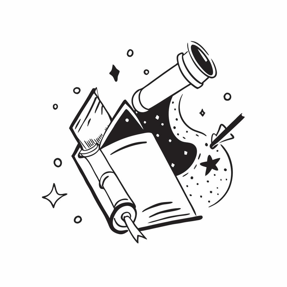 Book and Telescope concept as A book with a telescope beside it set against a whimsical background offering ample space for text or graphics symbolizing the connection between lite Cleans vector