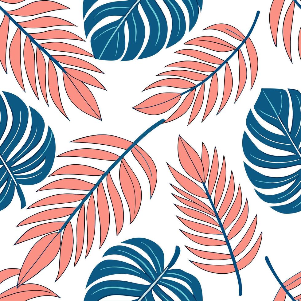 Bold summer leaves seamless tile pattern with giant tropical leaves and bright hues for vibrant interiors concept as Giant tropical leaves and bright hues arranged seamlessly to cr Cleans vector