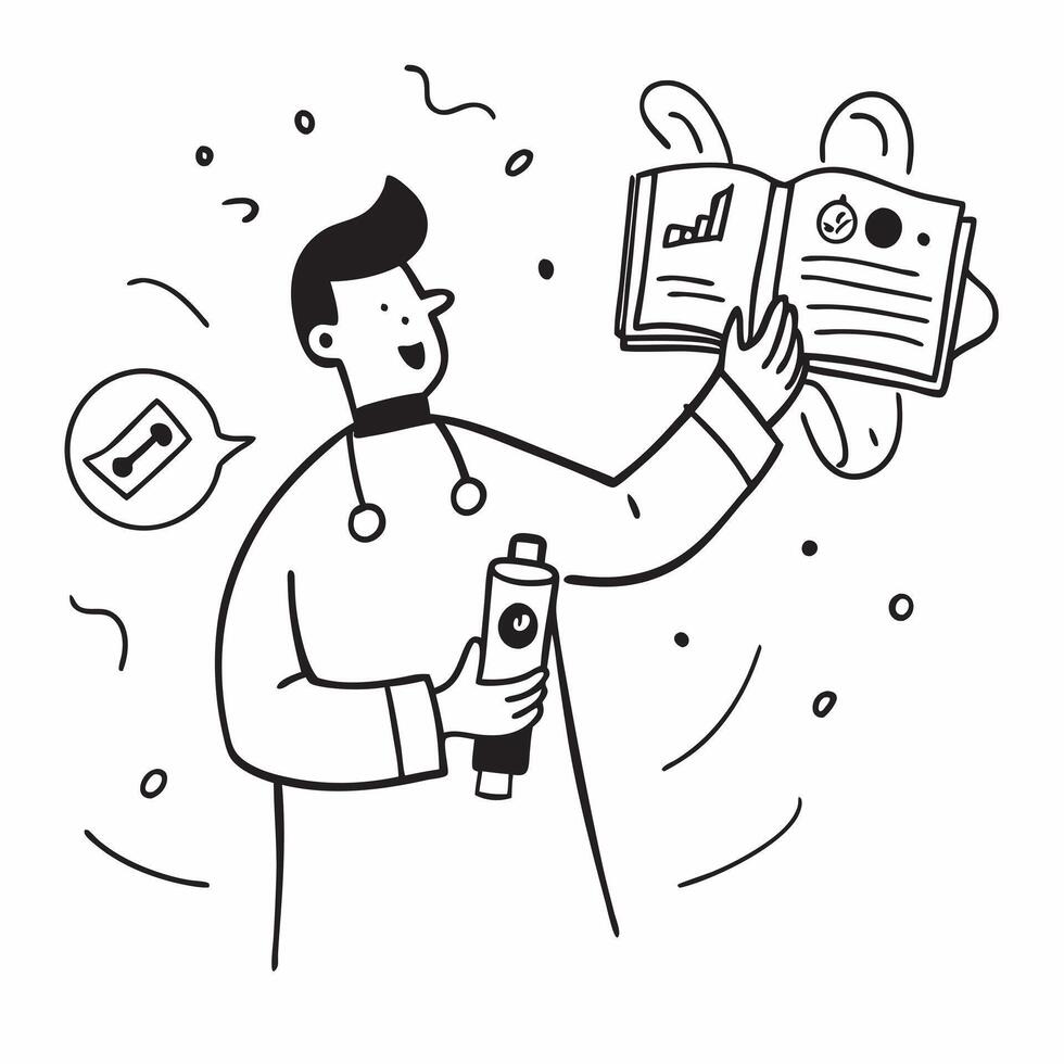 Biomedical Technician with ISO Certificate and Medical Samples concept as A biomedical technician holding an ISO certificate and medical samples set against a whimsical background Cleans vector