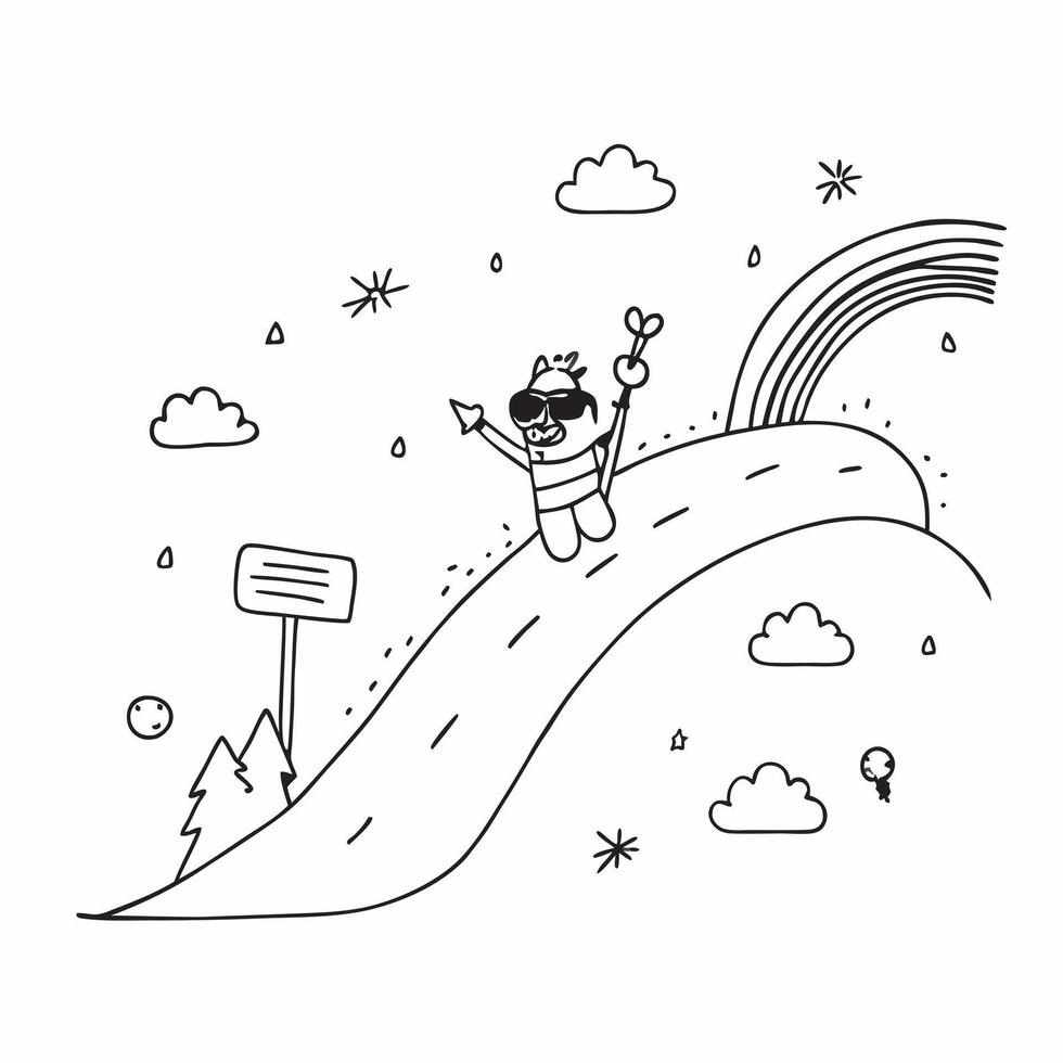 Biker with Helmet and Backpack on Rainbow Road concept as Wide shot of a biker with a helmet and backpack riding on a rainbow road The vibrant and colorful setting features floati Cleans vector