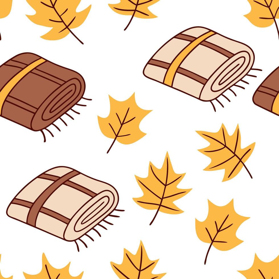 Autumn warmth seamless tile pattern with cozy blankets and golden maple leaves for inviting home decor concept as Cozy blankets and golden maple leaves arranged seamlessly to creat Cleans Set 5 vector