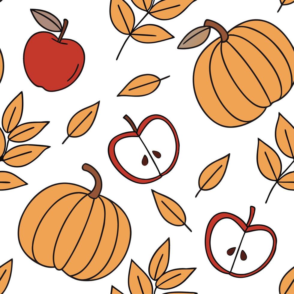 Autumn seamless pattern with apples pumpkins and fall leaves for a warm and inviting harvest design concept as Inviting autumn pattern with apples pumpkins and fall leaves ideal fo Cleans vector