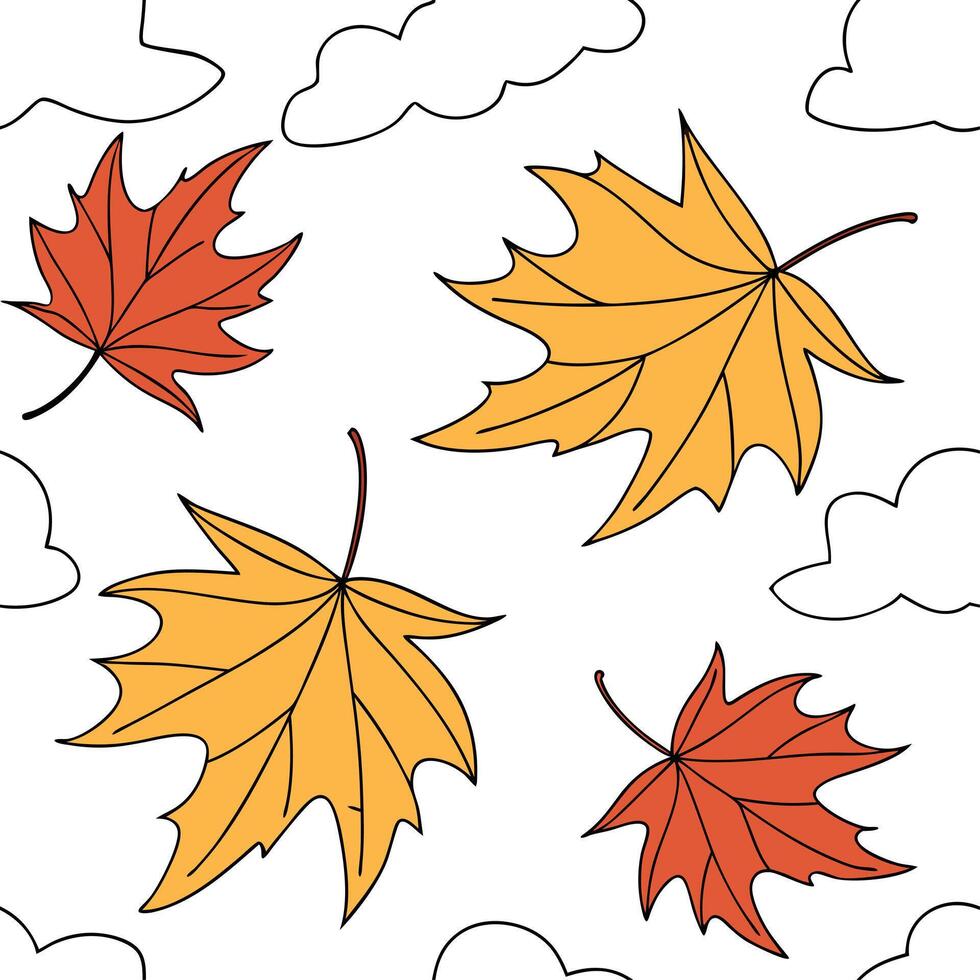 Autumn leaves seamless pattern with falling leaves and wind swept textures for a dynamic natural look concept as Falling autumn leaves pattern with wind swept textures and dynamic Cleans vector
