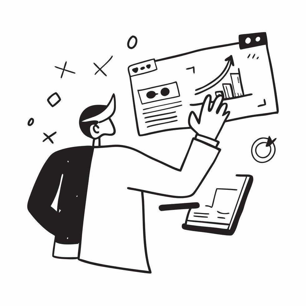Analyst with Laptop and Graph concept as An analyst using a laptop and studying a graph set against a dreamy background offering ample space for text or graphics symbolizing data a Cleans vector