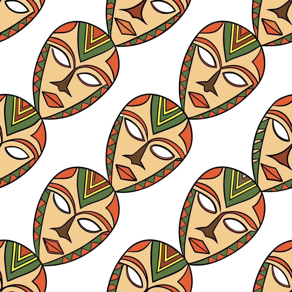 African tribal masks and vibrant patterns seamless tile pattern with earthy color palette concept as Earthy color palette highlights African tribal masks intertwined with vibrant p Cleans vector