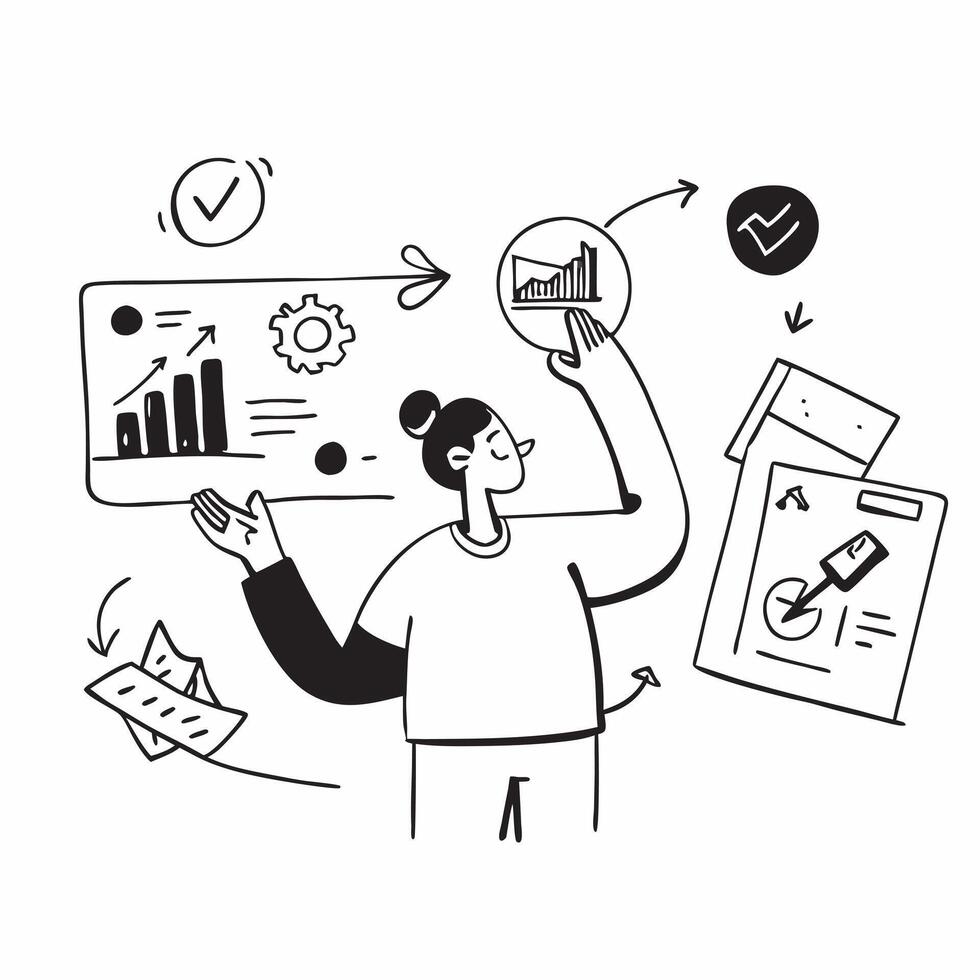 2D as Venture capitalist evaluating startup pitches concept as A illustration of a venture capitalist evaluating startup pitches with financial graphs and documents s Cleans vector