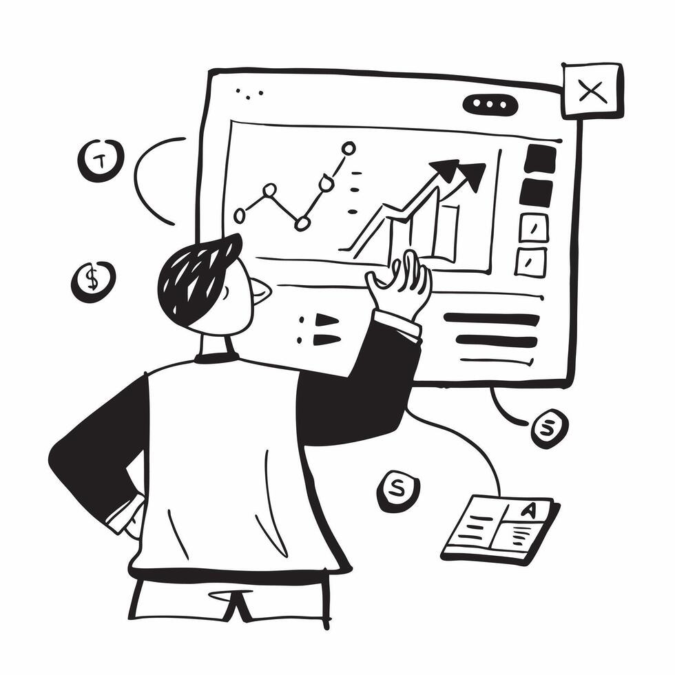 2D as Stock market analyst using big data for analysis concept as A illustration of a stock market analyst using big data on a computer for stock market analysis high Cleans vector
