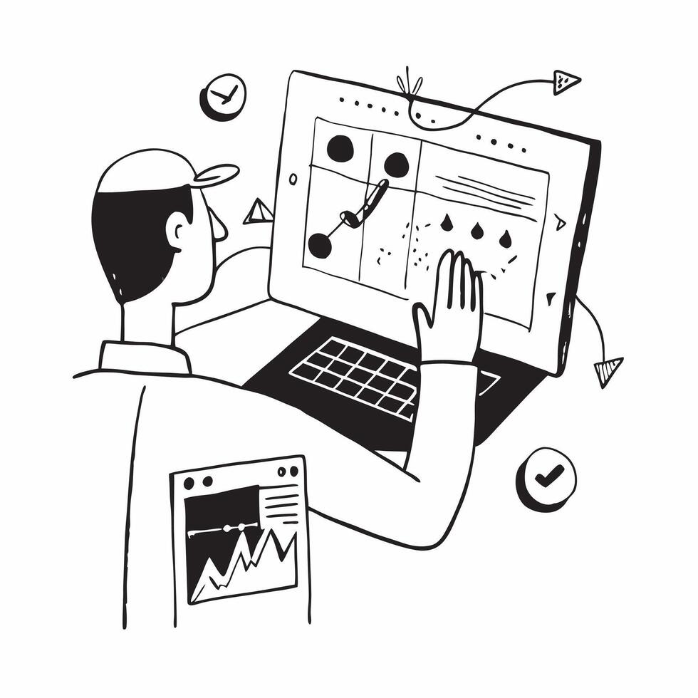 2D as Stock trader using AI for predictive stock trading concept as A illustration of a stock trader using AI technology on a computer for predictive stock trading hi Cleans vector