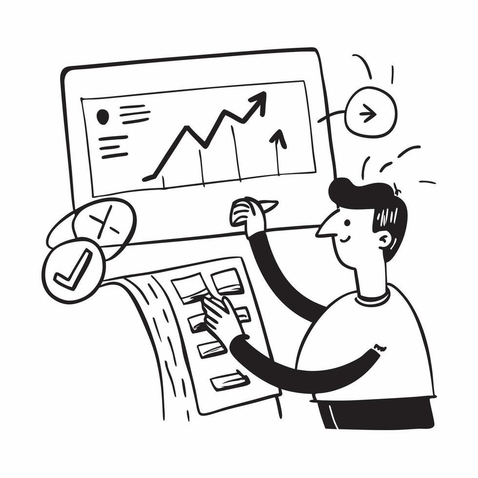 2D as Investment analyst evaluating market trends concept as A illustration of an investment analyst evaluating market trends on a computer highlighting expertise and Cleans vector