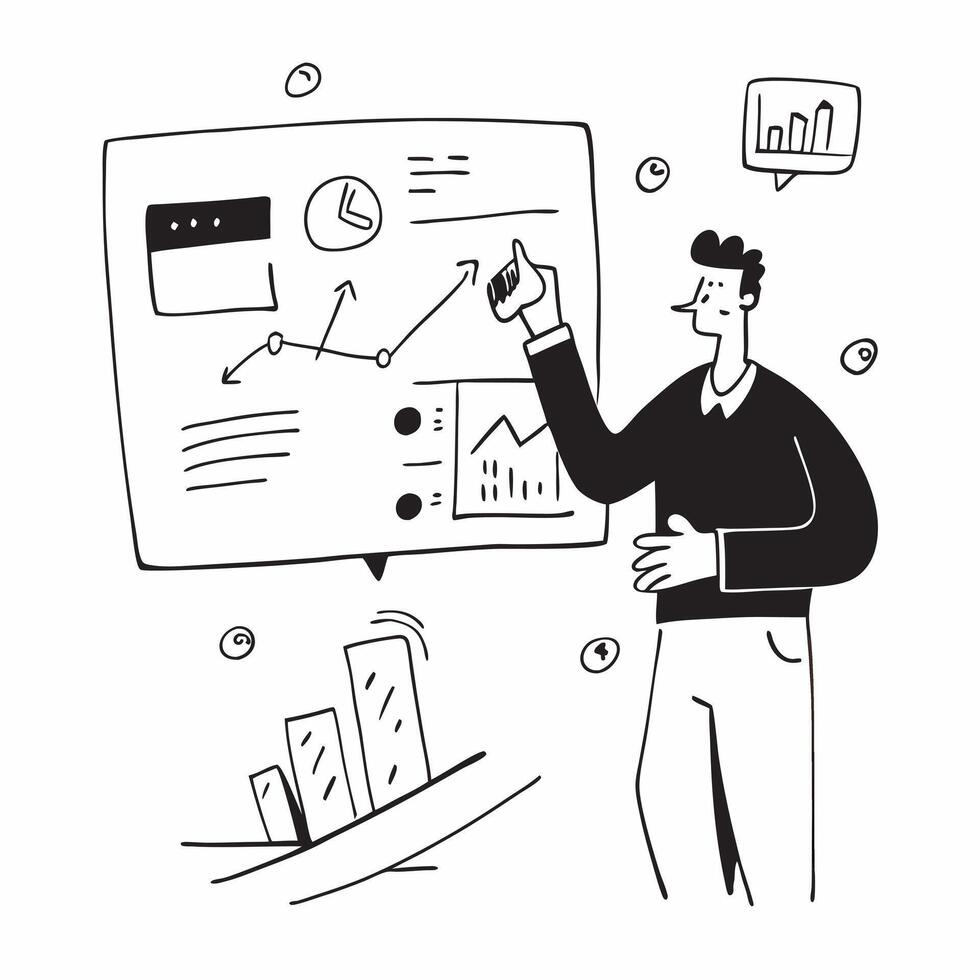 2D as Financial consultant advising clients on investment strategies concept as A illustration of a financial consultant in a modern office advising clients on invest Cleans vector