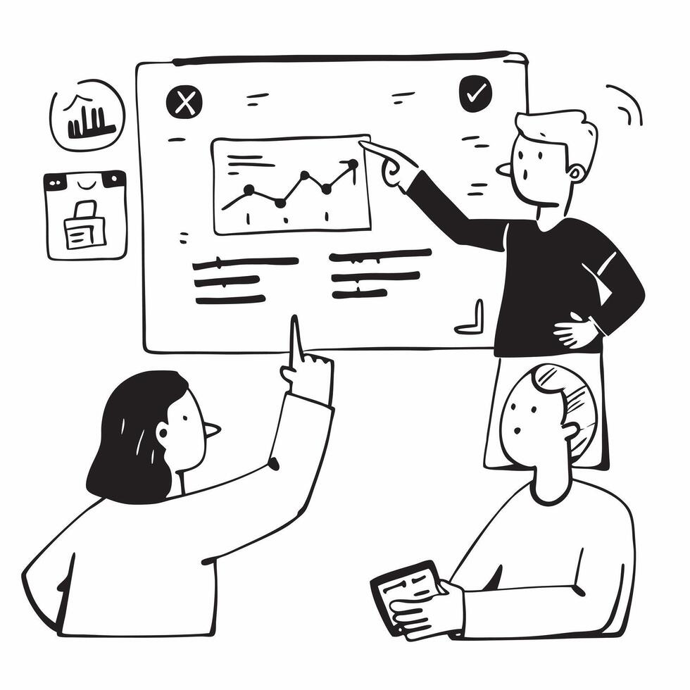 2D as Financial analyst presenting data in a hybrid meeting concept as A illustration of a financial analyst presenting data in a hybrid meeting with charts displayed Cleans vector