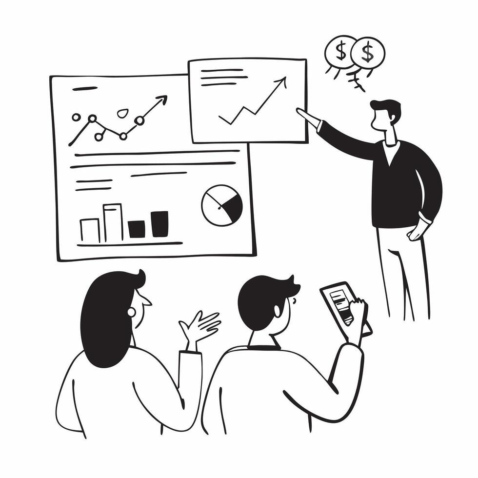 2D as CFO leading a financial review meeting concept as A illustration of a CFO leading a financial review meeting with financial reports and charts emphasizing leade Cleans vector