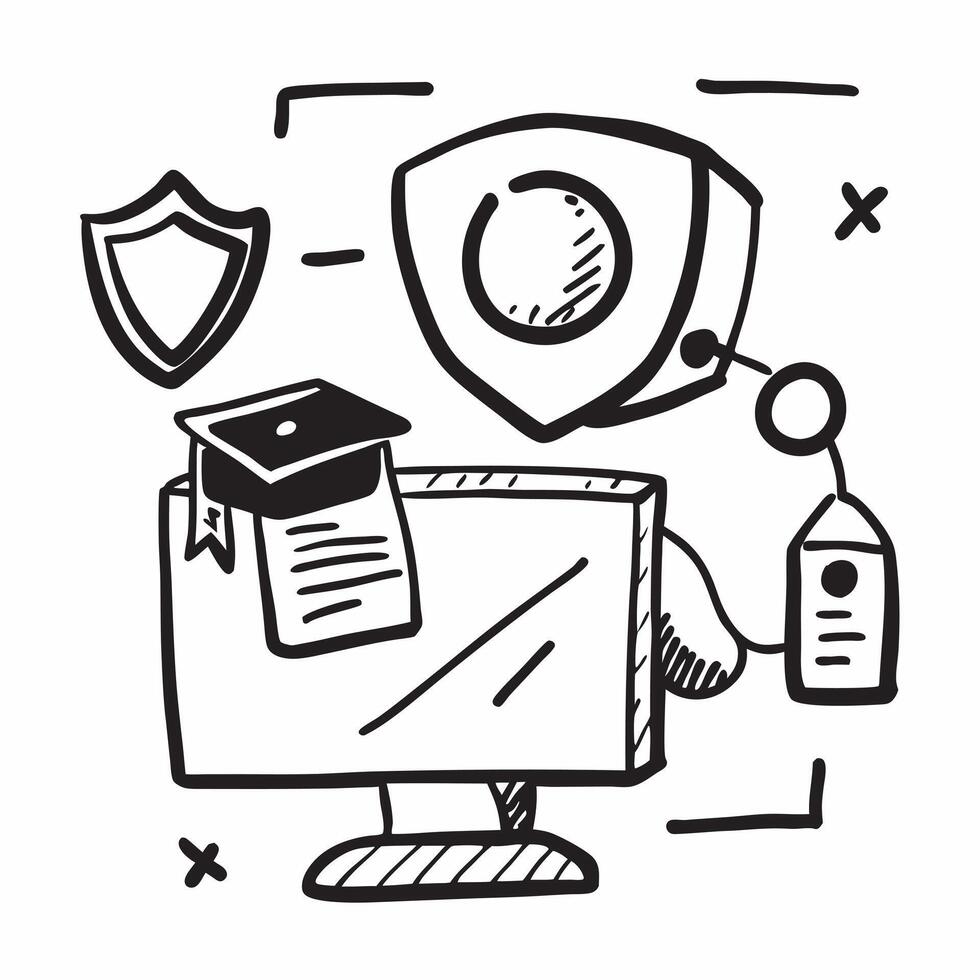 2D as Cyber security training icon with a graduation cap and shield concept as illustration of a cyber security training icon with a graduation cap and shield highlig Cleans vector