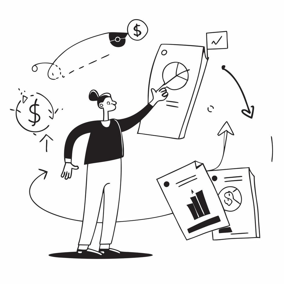 2D minimalize as Venture capitalist evaluating startup pitches concept as A illustration of a venture capitalist evaluating startup pitches with financial graphs and Cleans vector
