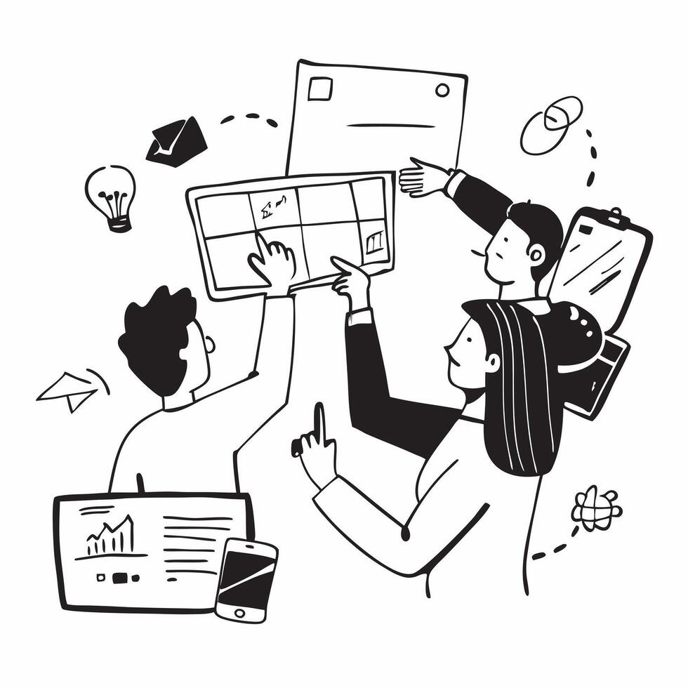 2D minimalize as Startup team collaborating on a business plan concept as A illustration of a startup team collaborating on a business plan using laptops and tablets Cleans vector