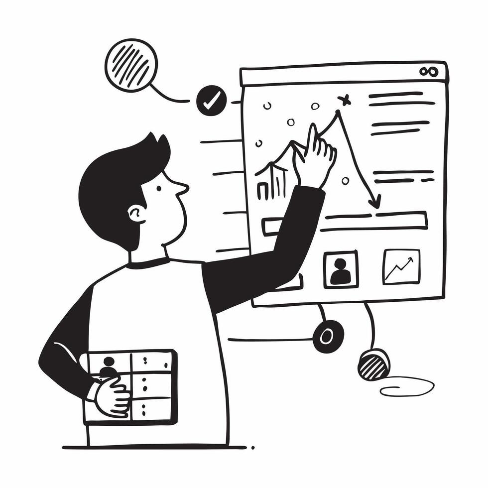 2D minimalize as Stock market analyst using big data for analysis concept as A illustration of a stock market analyst using big data on a computer for stock market an Cleans Set 2 vector