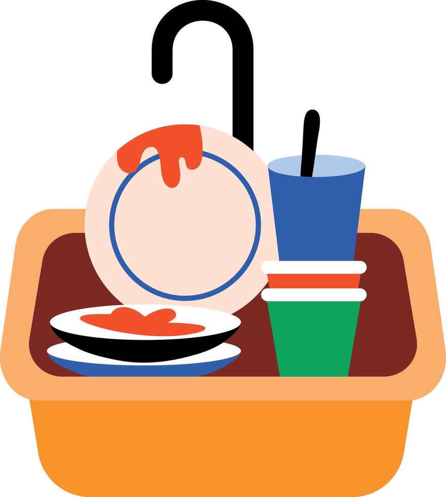 Dirty dishes in sink, flat style icon vector