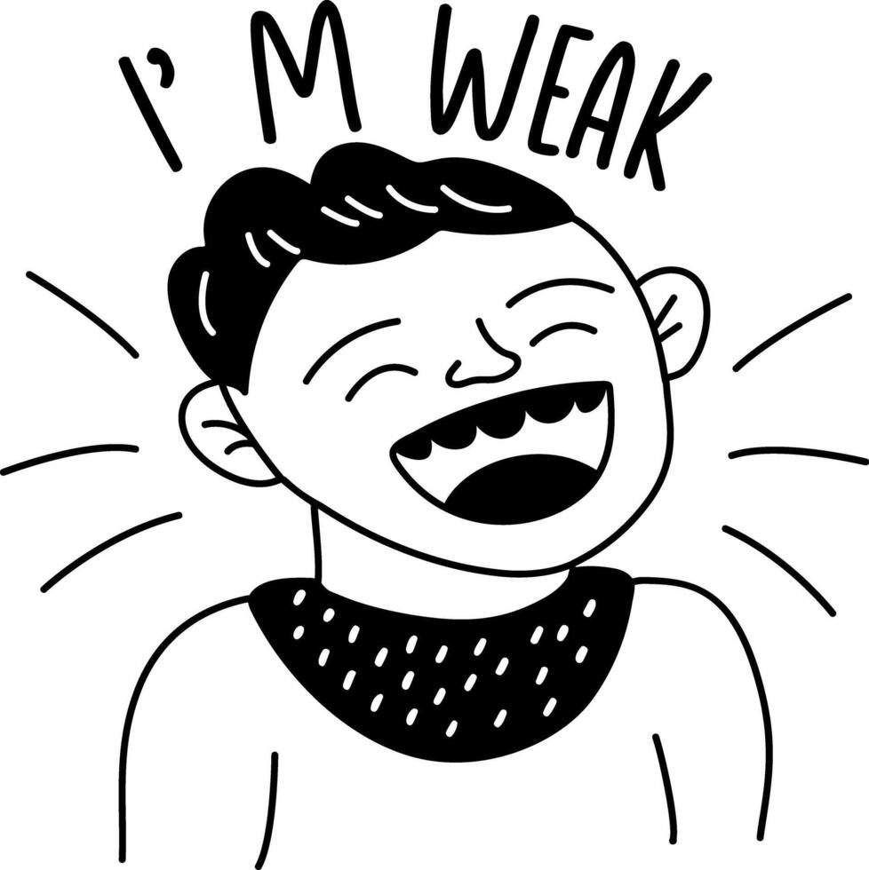 A glyph sticker of laughing character with i am weak typography vector