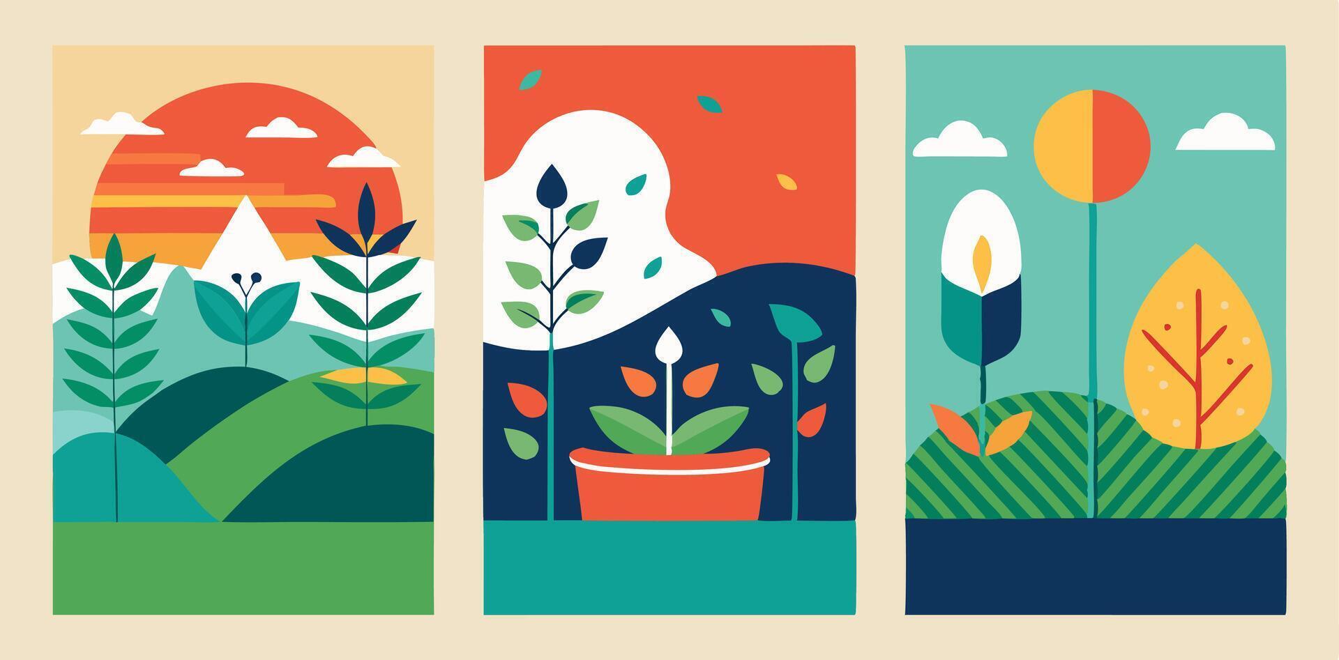 Three vertical banners with plants and flowers vector