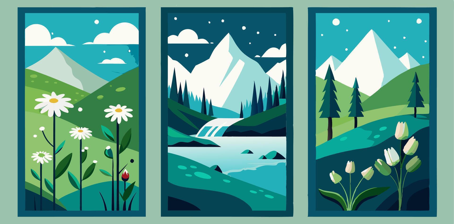 Three vertical banners with mountains, trees and flowers vector