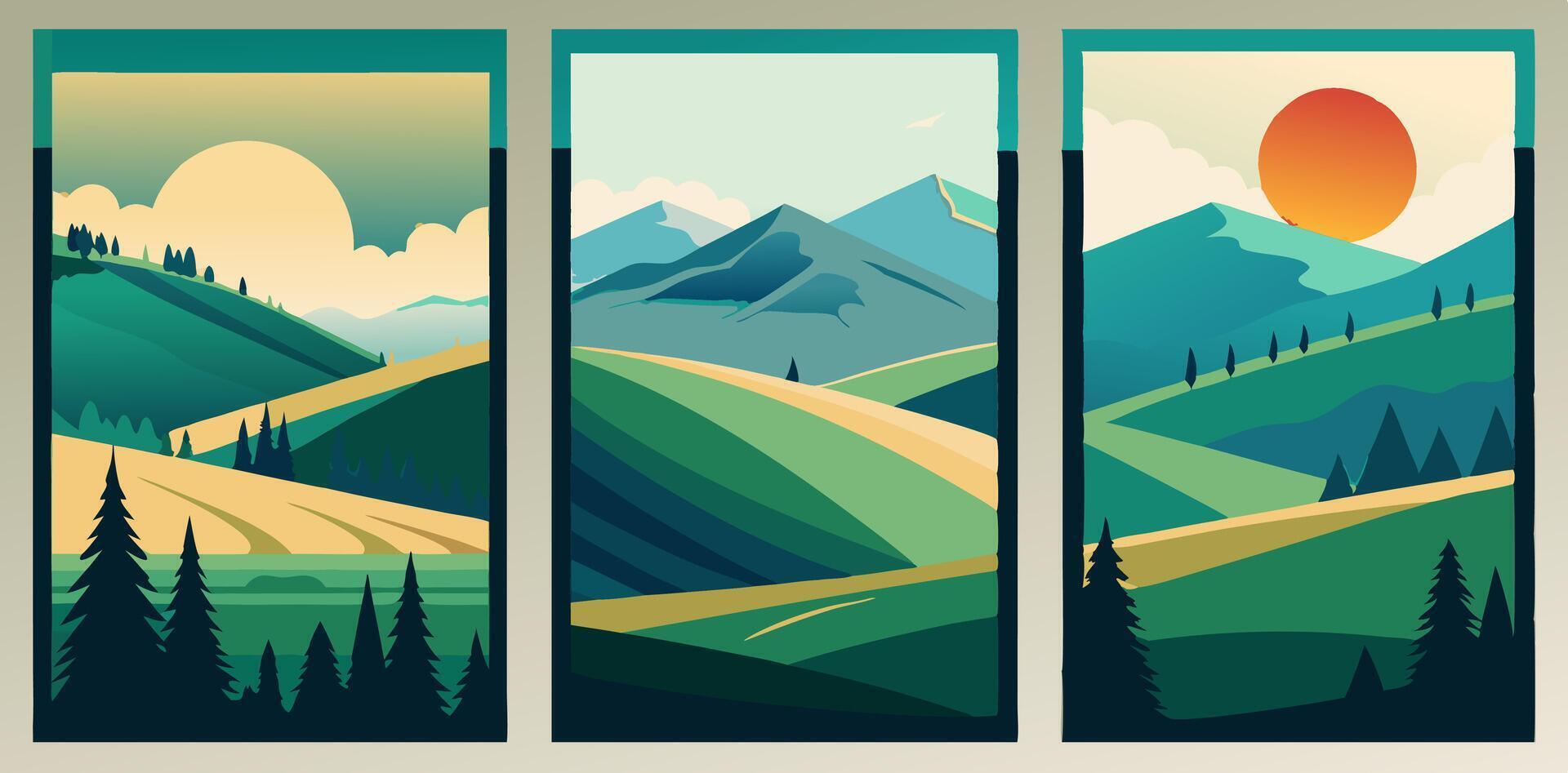 Three vertical banners with mountains, trees and sun vector