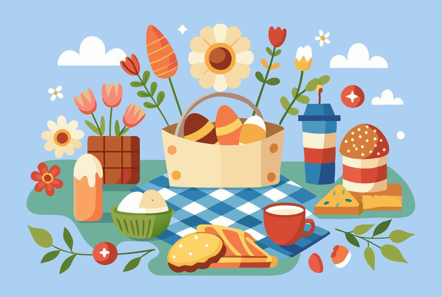Picnic basket with food and flowers on a blue background vector
