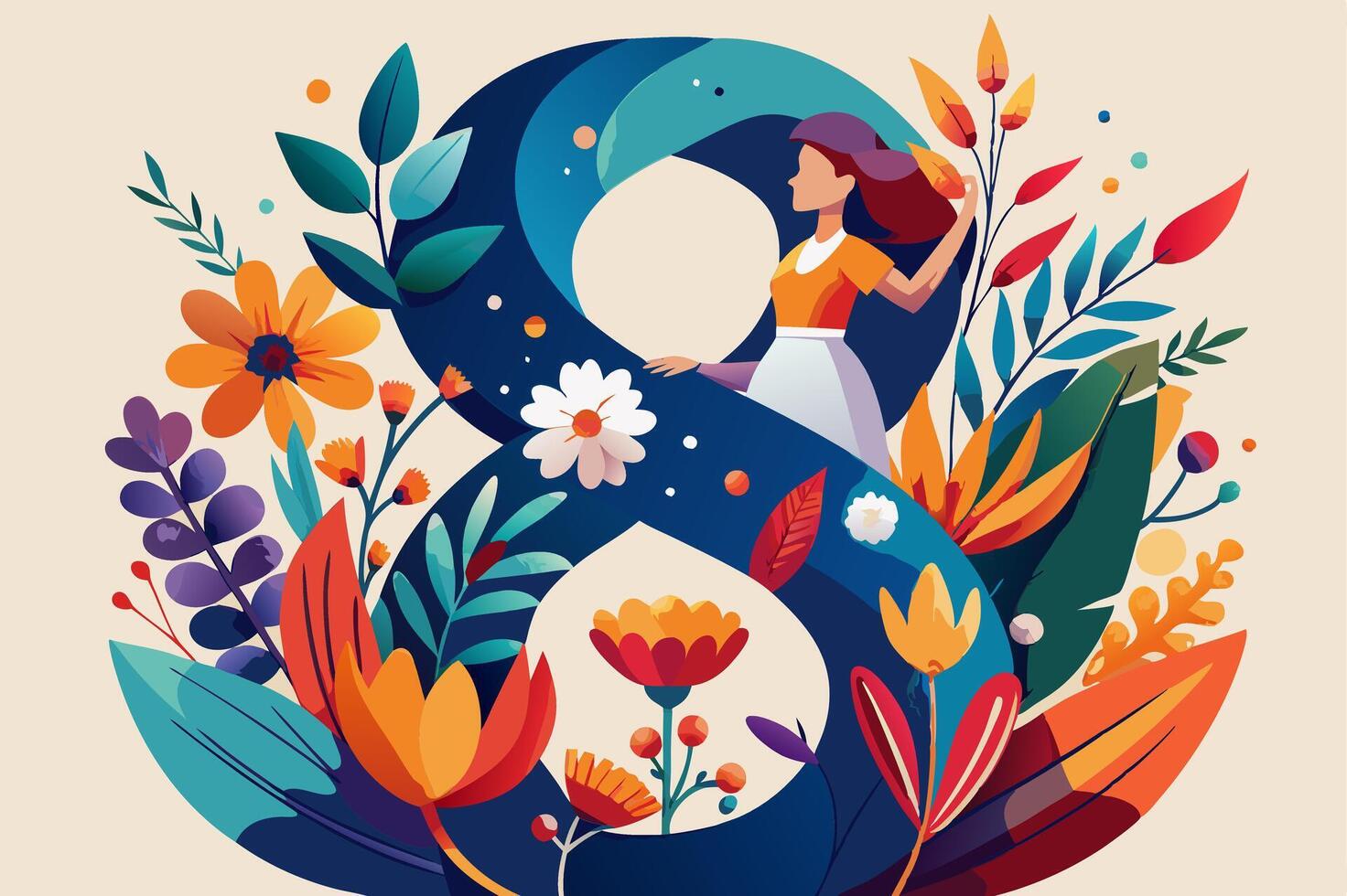 The number eight is surrounded by flowers and leaves vector