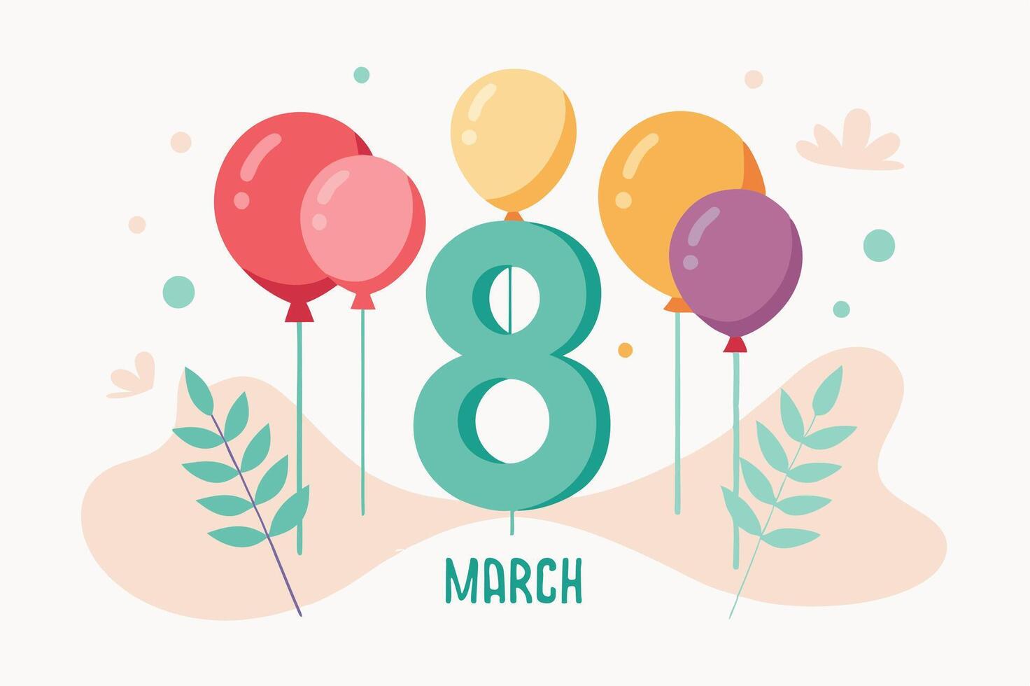 8 march birthday card with balloons and flowers vector