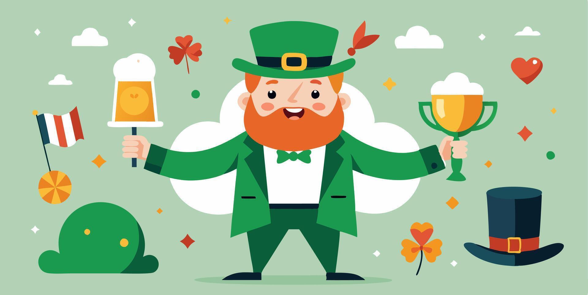 A leprechaun is holding a beer and a hat vector