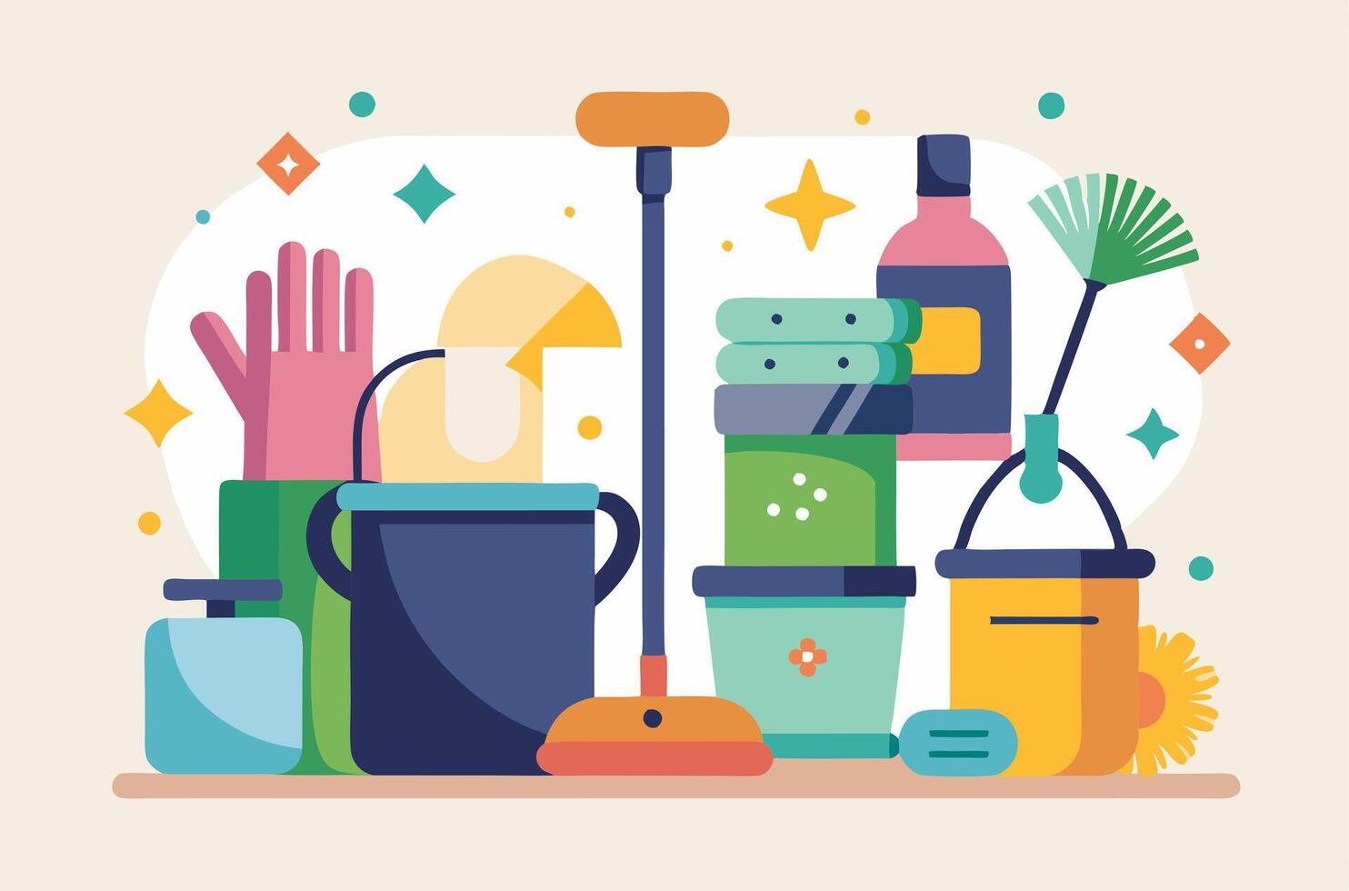 Cleaning supplies and cleaning tools on a table vector