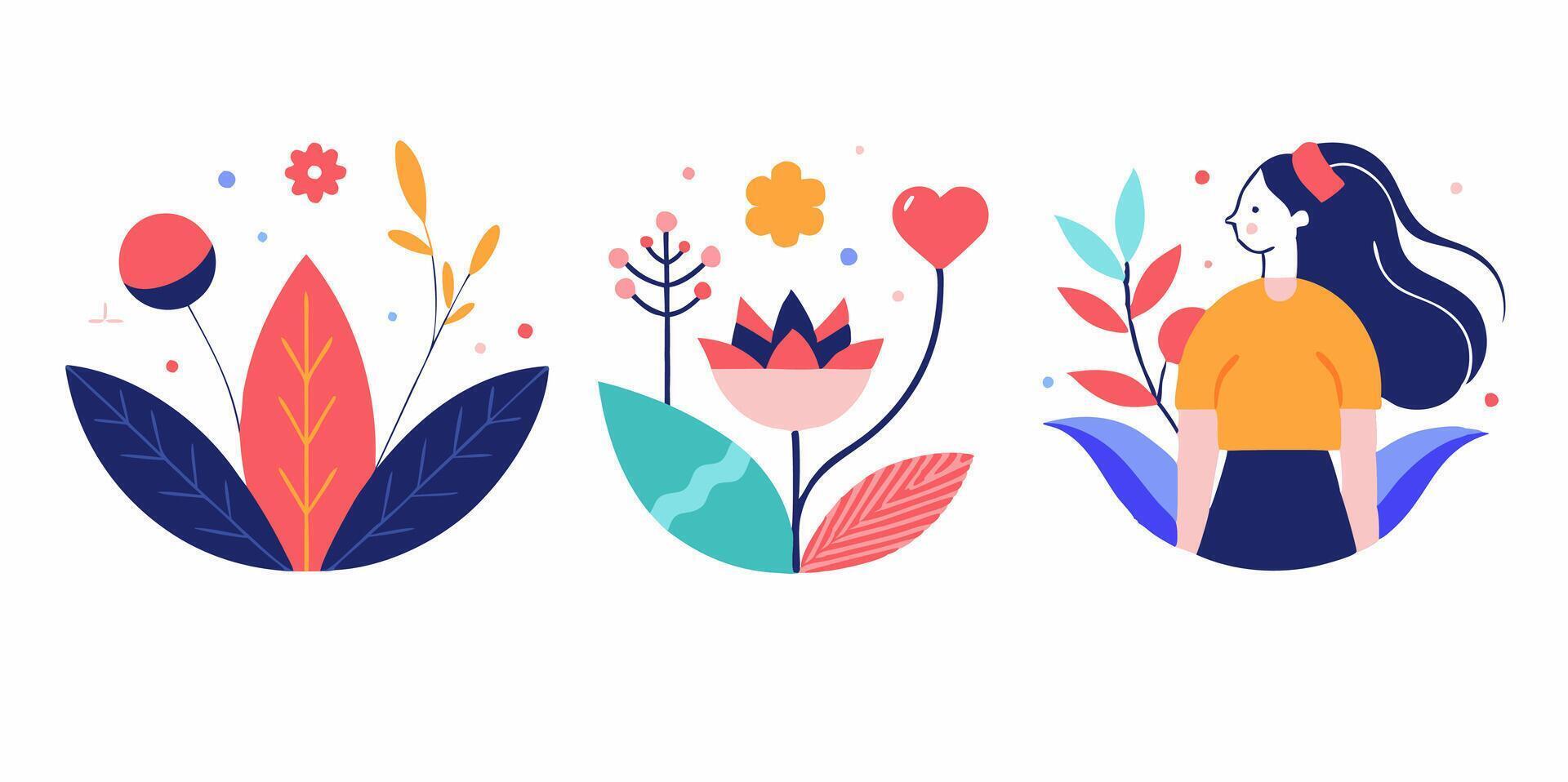 Three different illustrations of flowers and people vector