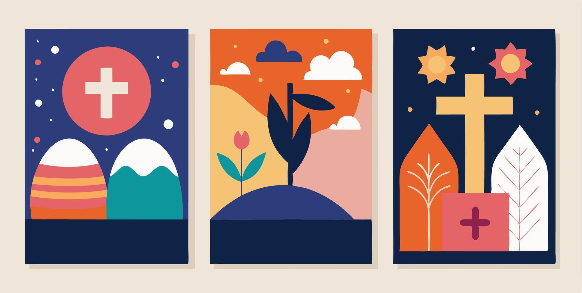 Easter banners with cross, sun, and trees vector