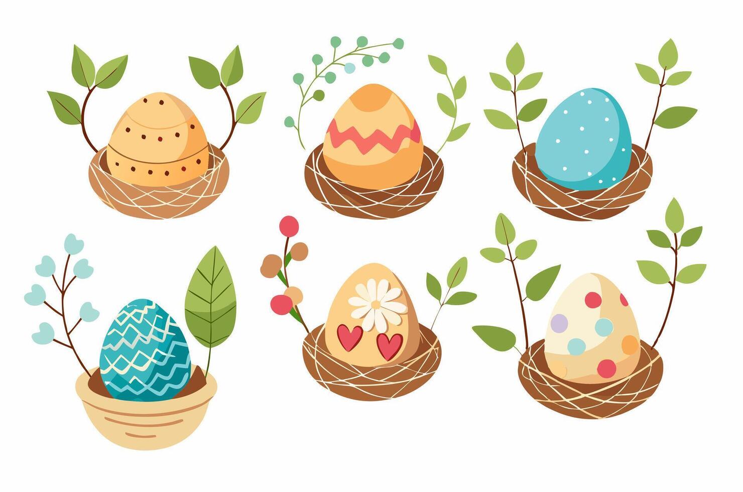 Easter eggs in baskets with leaves and flowers vector