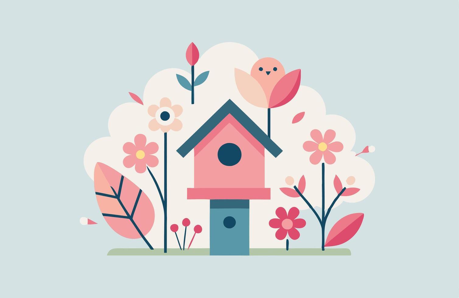 Birdhouse with flowers and birds in flat design vector
