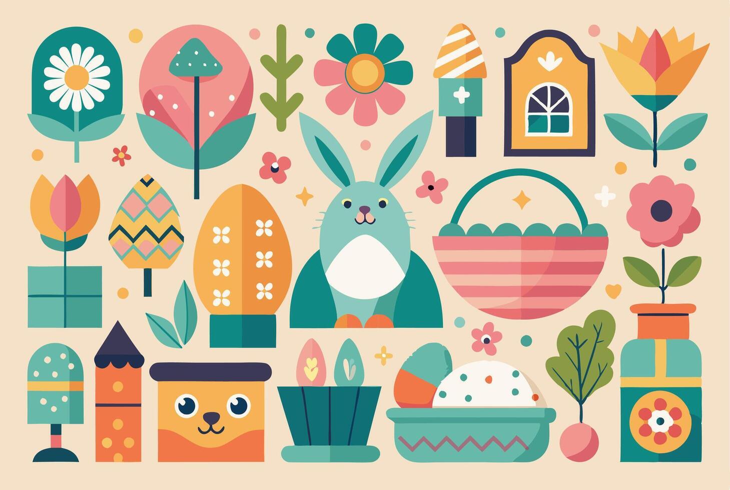 Easter flat design with bunny, flowers, eggs, and other items vector